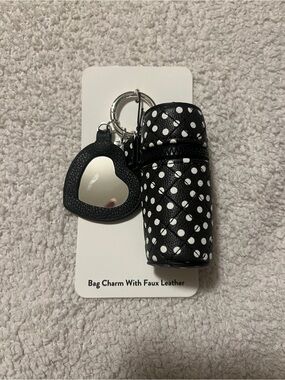 Nordstrom Black and White Polka Dot Lipstick Holder Keychain with Heart Mirror